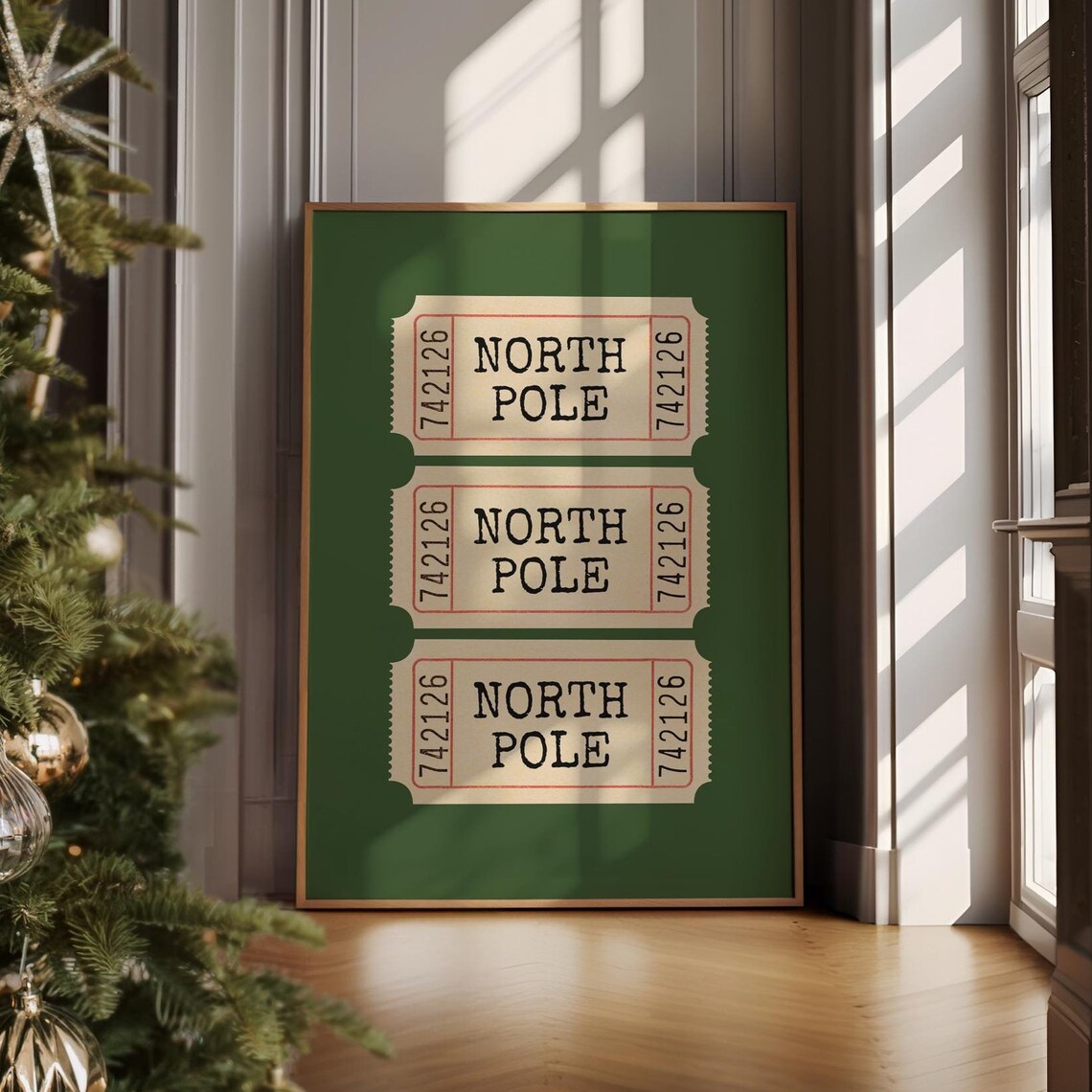 North Pole Ticket Print Green Christmas Wall Art Retro Xmas Poster Vintage Holidays Decor