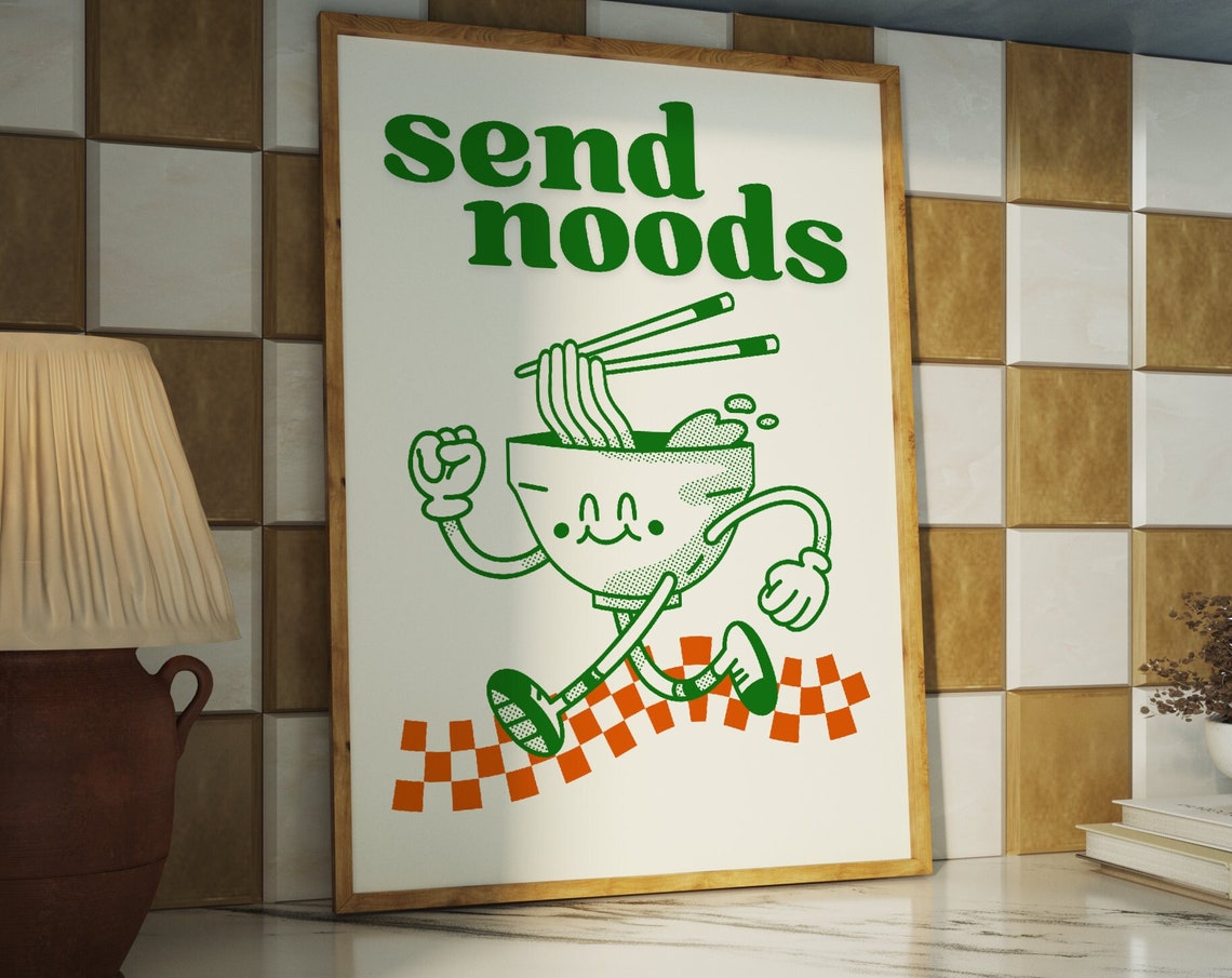Send Noods Running Ramen Bowl Green Retro Kitchen Decor Poster