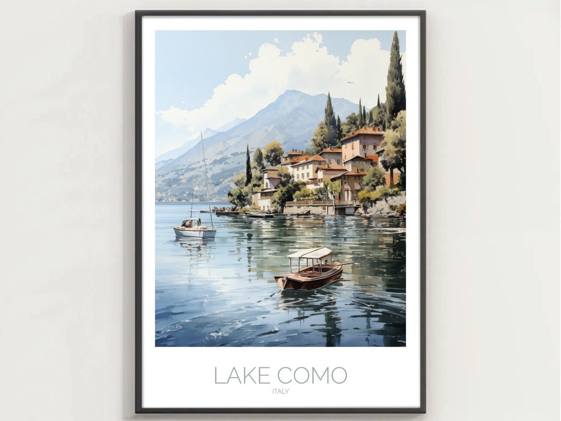 Lake Como Italy Wooden Boats Lakeside Village Mountain Poster