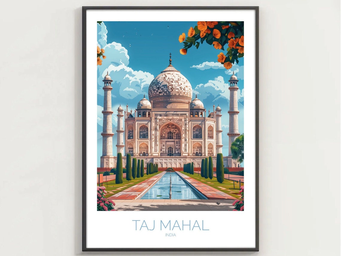 Taj Mahal India Front View Reflecting Pool Gardens Blue Sky Poster