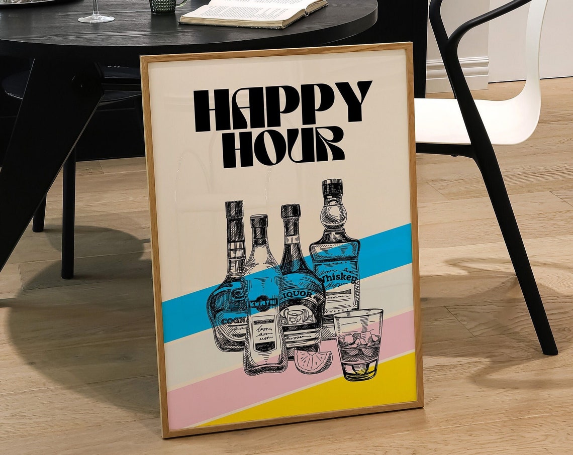 Fun Bold Happy Hour Retro Poster With Whiskey Bottles Bar Decor
