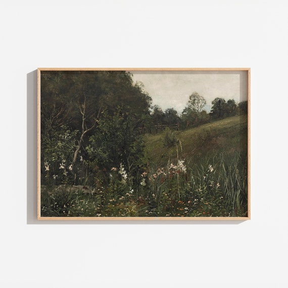 Vintage Green Landscape Field Painting Green Forest Scenery Farmhouse Cottage Style Cottagecore Art