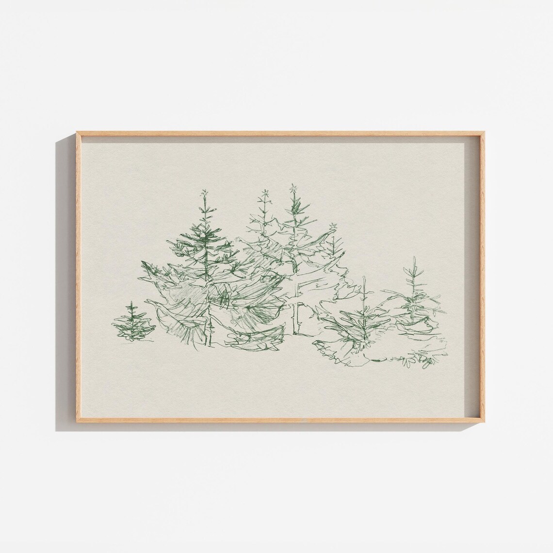 Vintage Abstract Pine Tree Sketch Green Ink Minimalist Winter Wall Art