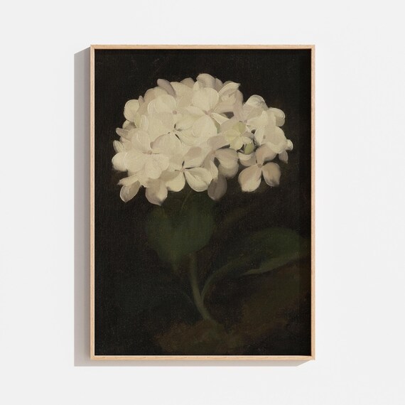 Vintage Floral Still Life Hydrangea Painting Moody Dark Toned Wall Art Antique Farmhouse