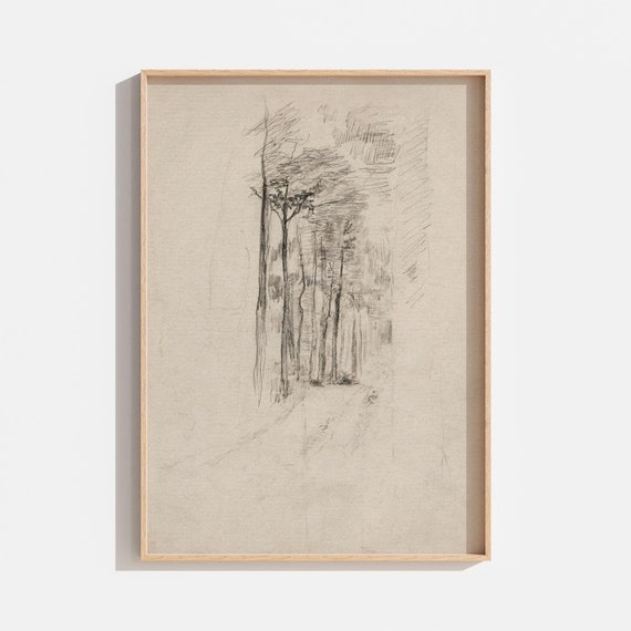 Vintage Black Ink Abstract Tree Sketch Drawing Antique Line Drawing Neutral Beige Art Art Minimalist Sketch Charcoal