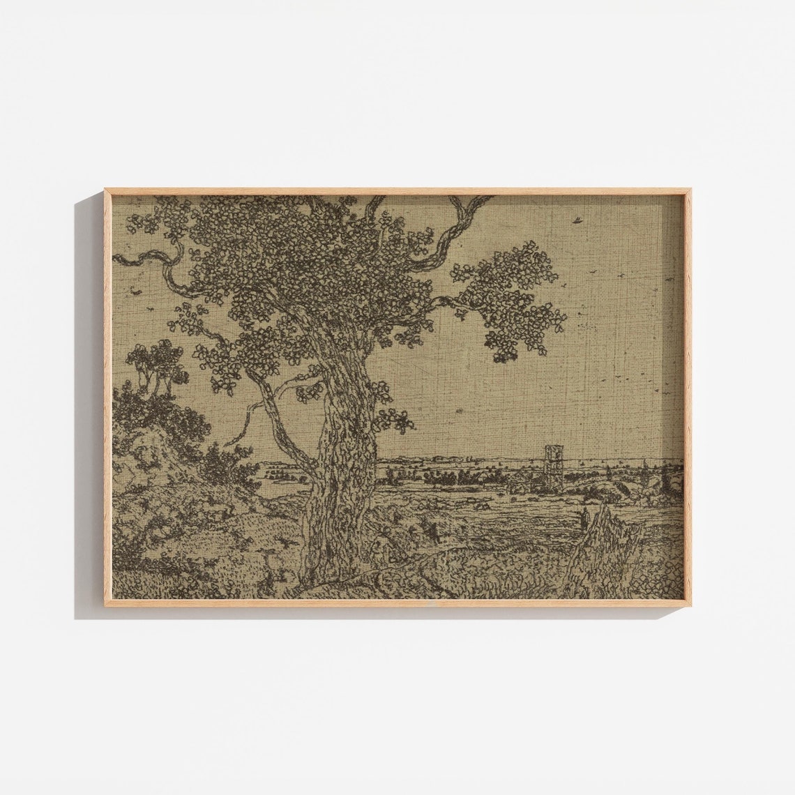 Vintage Warm Toned Landscape Drawing Rustic Ink Sketch Drawing Art Farmhouse Tree Drawing Neutral Antique Print