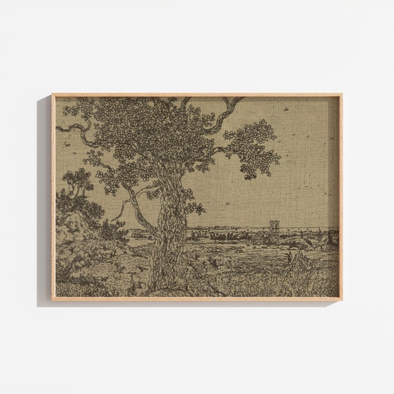 Vintage Warm Toned Landscape Drawing Rustic Ink Sketch Drawing Art Farmhouse Tree Drawing Neutral Antique Print