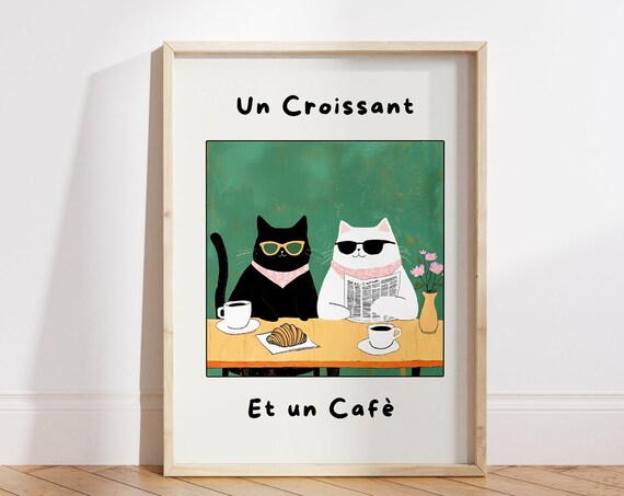 French Cafe Croissant Cat Print, Kitchen Decor
