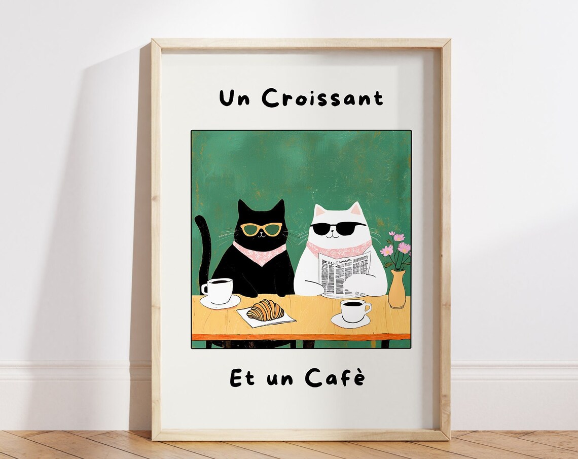 French Cafe Croissant Cat Print, Kitchen Decor