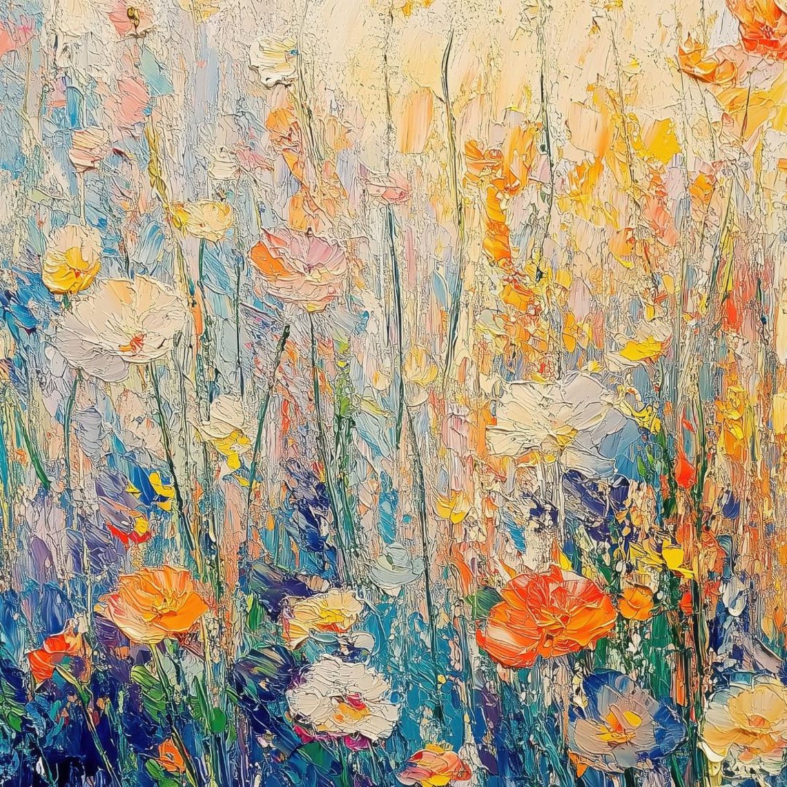 Colorful Wildflower Meadow Impressionist Blue Orange Blooms Print - Image 4