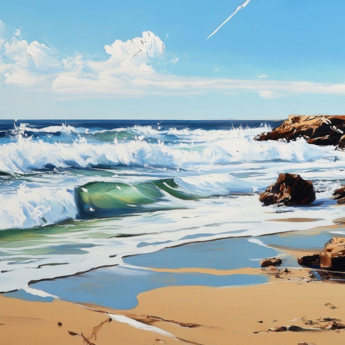 Rocky Shoreline Crashing Waves Sandy Beach Ocean View Seascape Print - Image 4