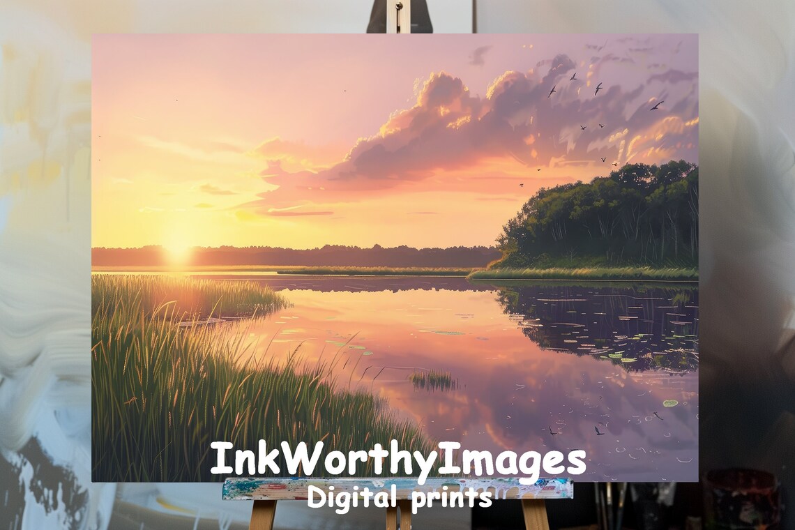 Tranquil Sunset Over Marshlands, Serene Waterscape