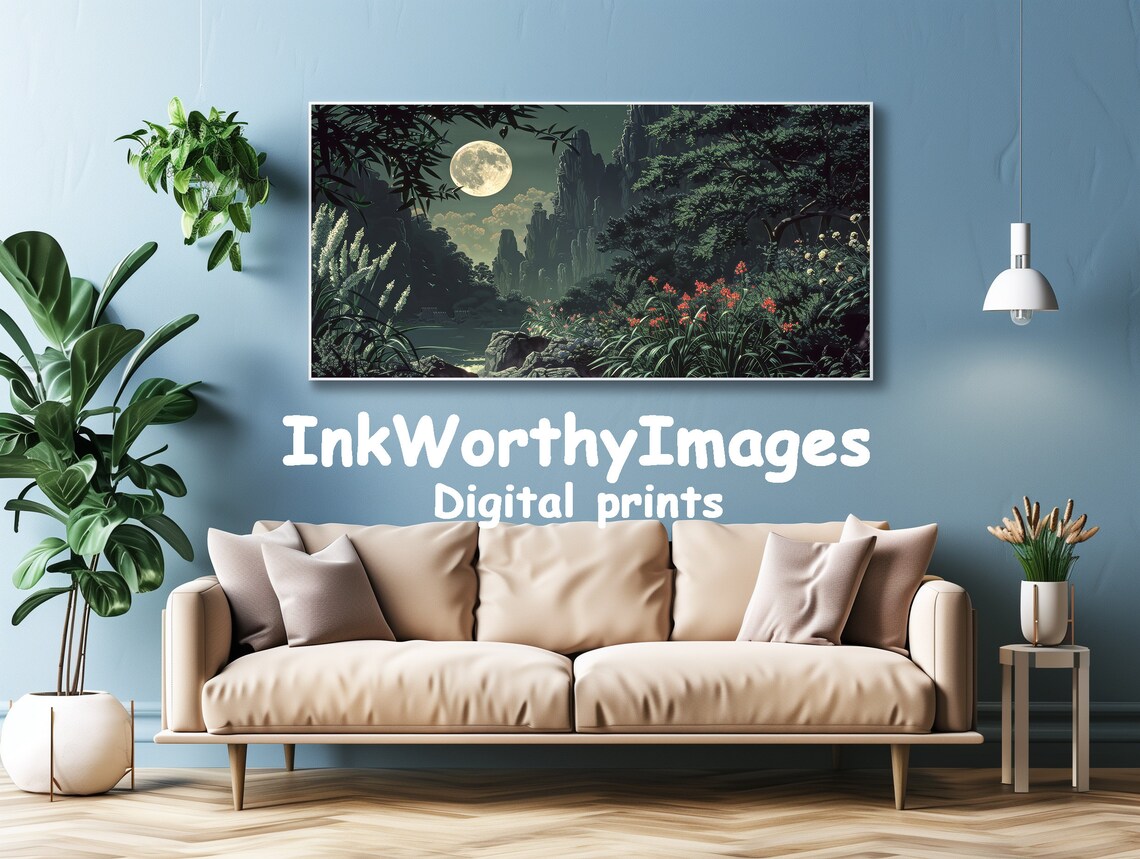 Moonlit Mountain Garden Painting, Mystical Night Landscape - Image 4