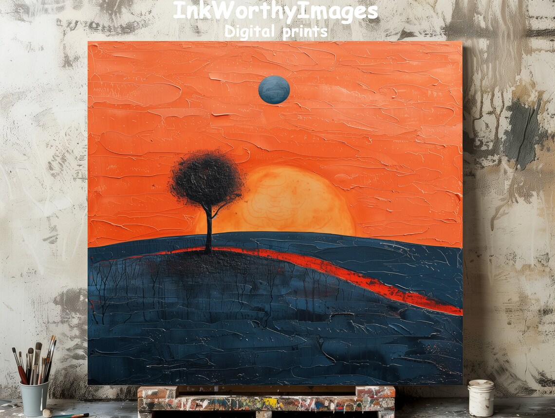 Vibrant Sunset Tree Painting, Modern Abstract Art