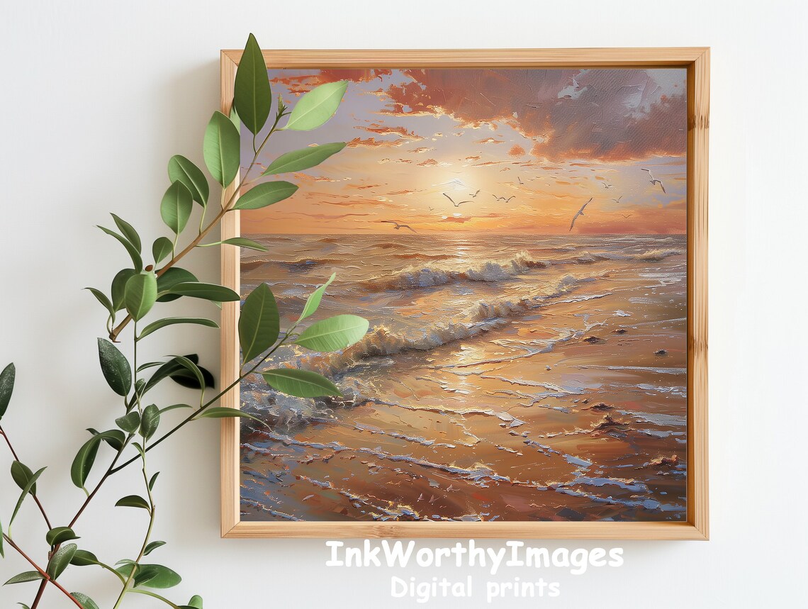 Sunset Beach Scene, Tranquil Ocean Waves Art - Image 5