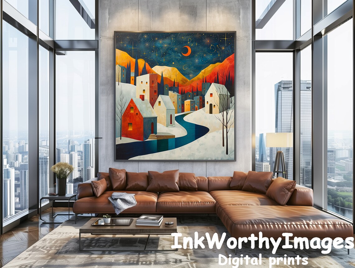 Starry Night Village, Whimsical Winter Townscape Art Print - Image 2