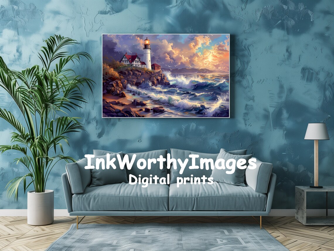 Lighthouse At Sunset, Coastal Seascape Print - Image 2