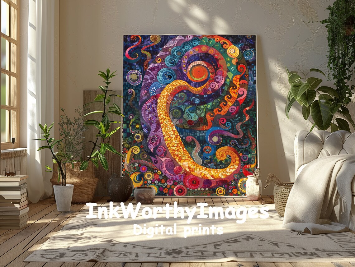 Abstract Mosaic Painting, Psychedelic Spiral Decor - Image 5