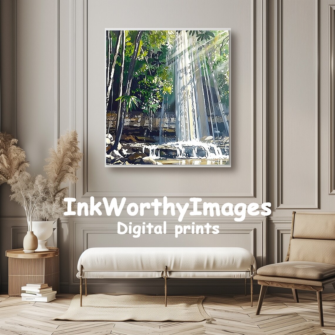 Sunlit Tropical Waterfall Jungle Serenity Art Print - Image 4