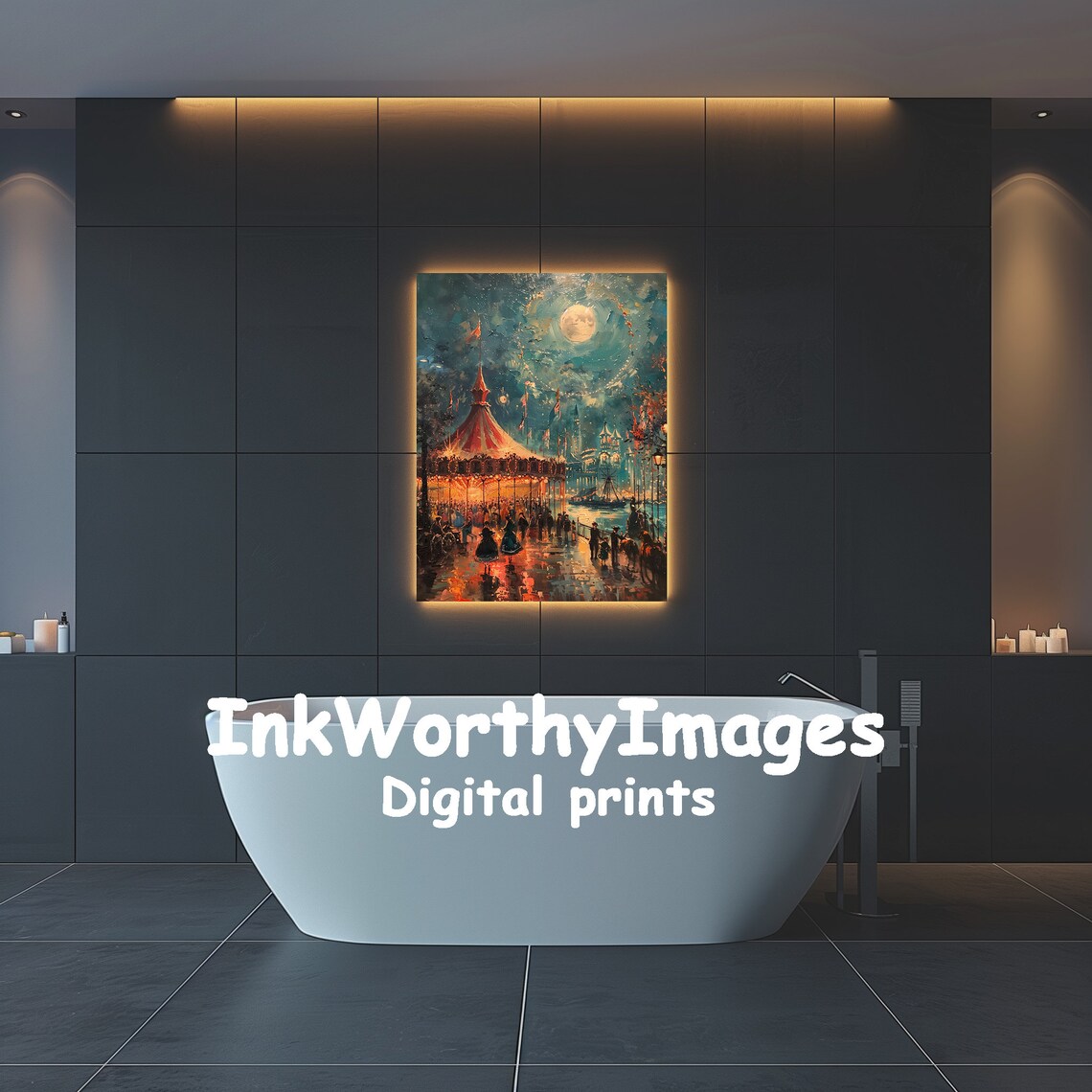 Magical Moonlit Carnival Scene, Vintage Fairground Art - Image 4