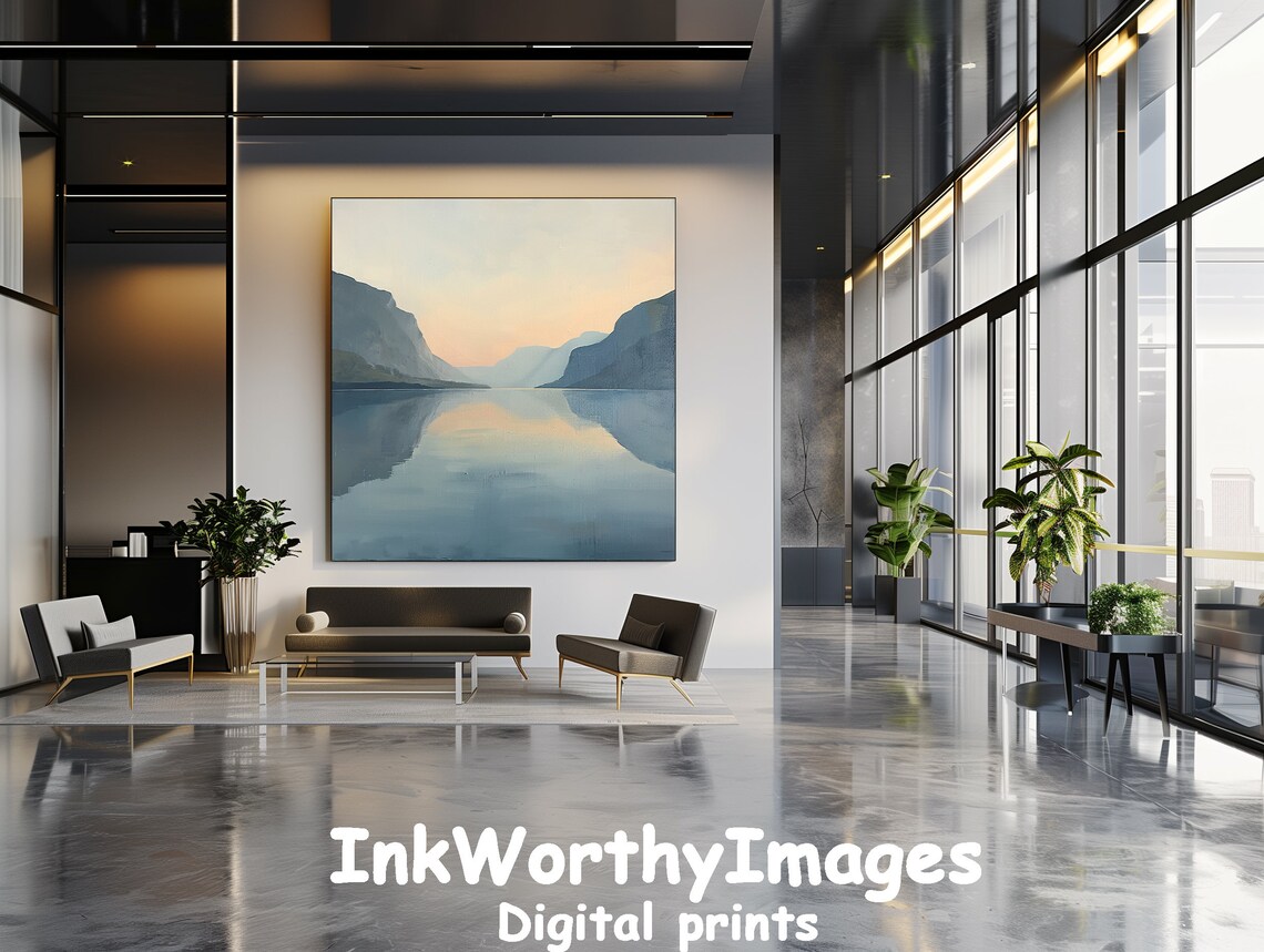 Serene Lake Sunset Landscape Painting, Calm Reflections - Image 4