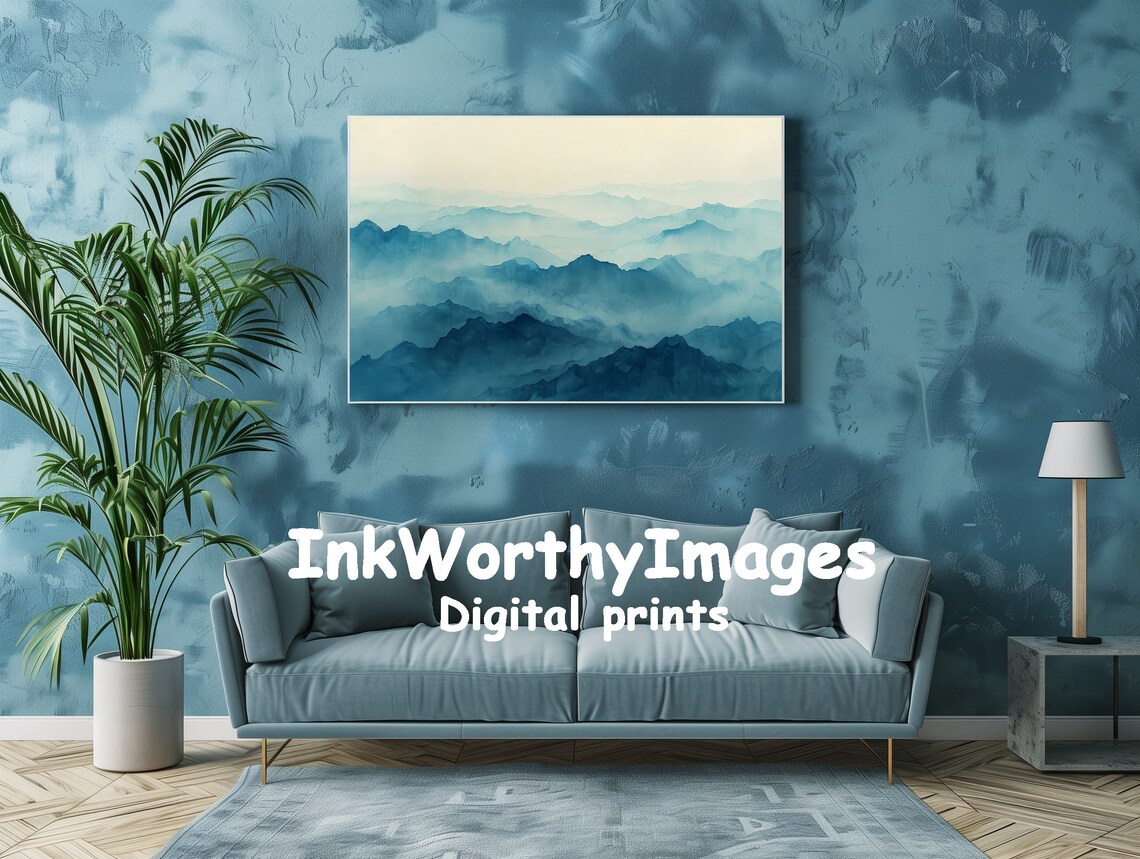 Misty Blue Mountains, Tranquil Mountain Range Scene - Image 2