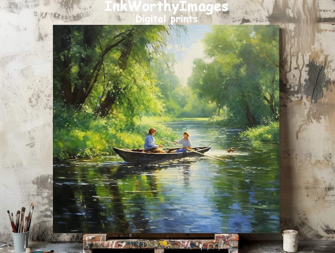 Serene River Boating Scene, Peaceful Landscape