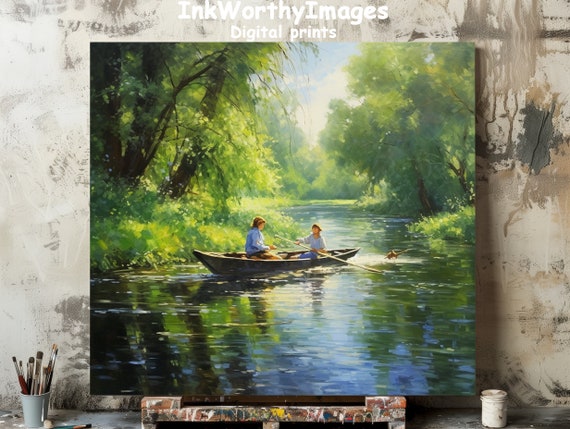 Serene River Boating Scene, Peaceful Landscape