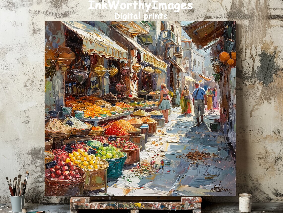 Bustling Market Street, Urban Marketplace Art Print