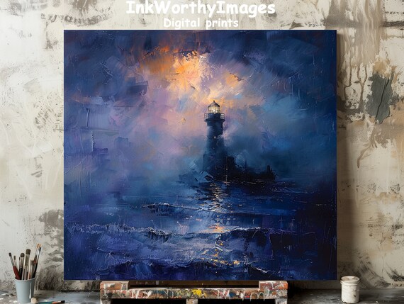 Mystic Lighthouse Glow, Atmospheric Coastal Art
