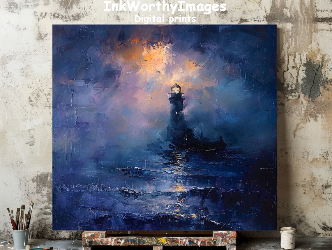 Mystic Lighthouse Glow, Atmospheric Coastal Art