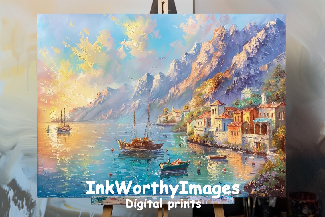 Mediterranean Coastal Village Sunset Seascape Art Print