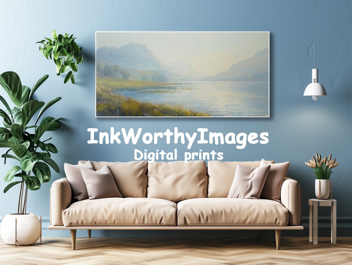 Misty Mountain Lake Tranquil Waterscape Art Print - Image 4