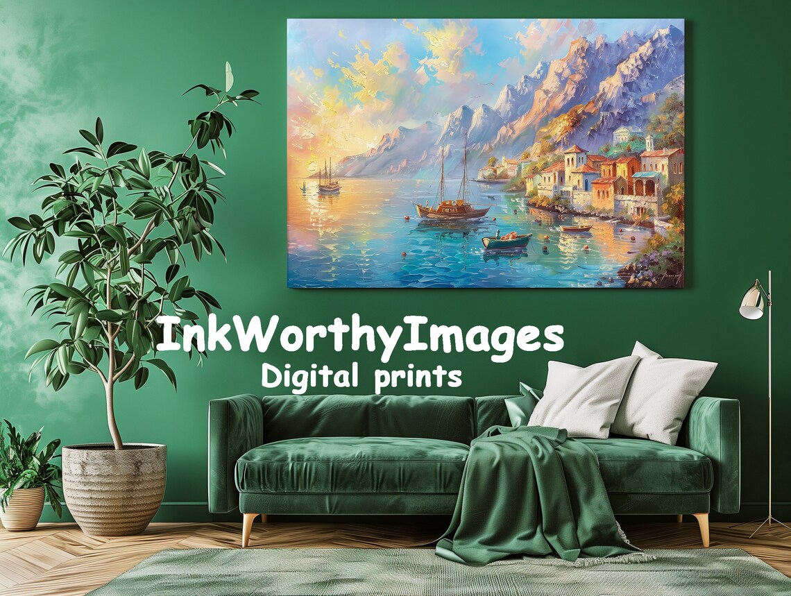 Mediterranean Coastal Village Sunset Seascape Art Print - Image 3