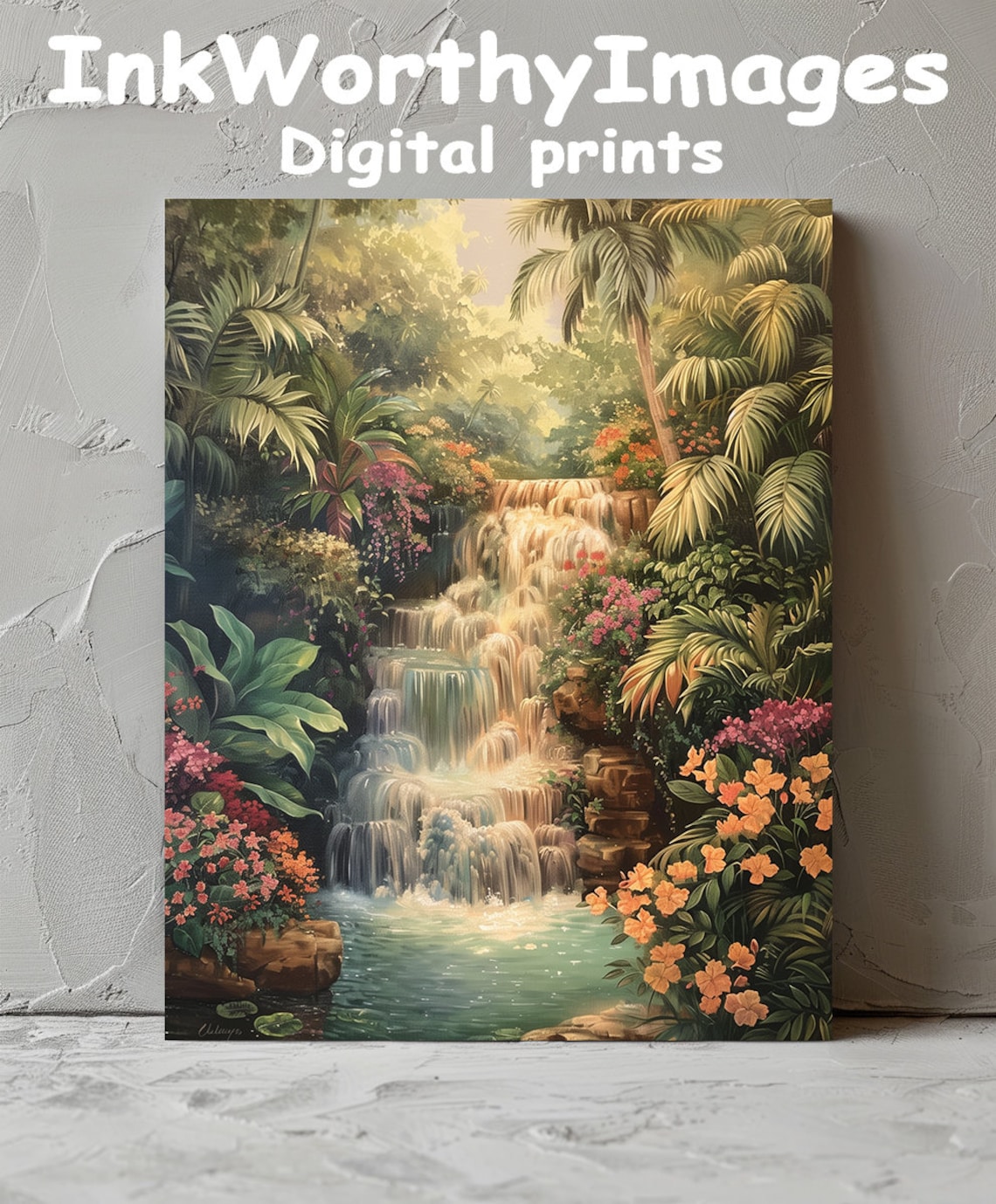 Tropical Waterfall Paradise Painting, Exotic Landscape