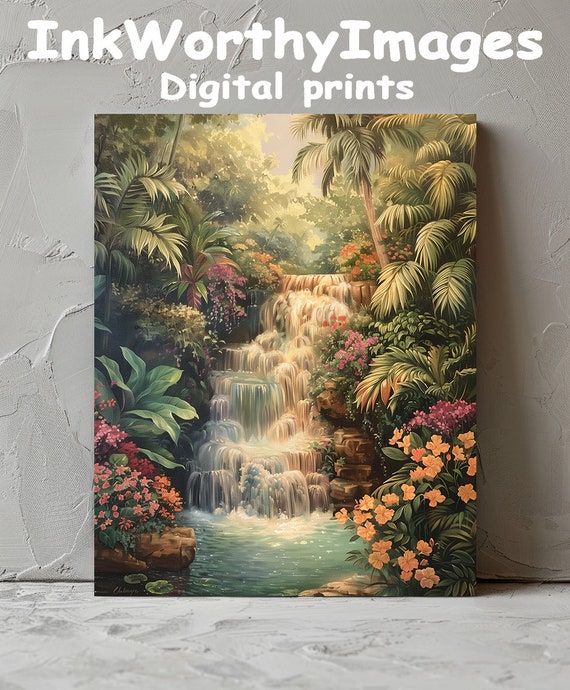 Tropical Waterfall Paradise Painting, Exotic Landscape