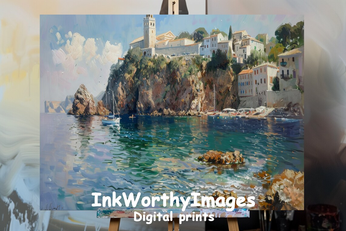 Mediterranean Coastal Village Seascape, Travel Decor