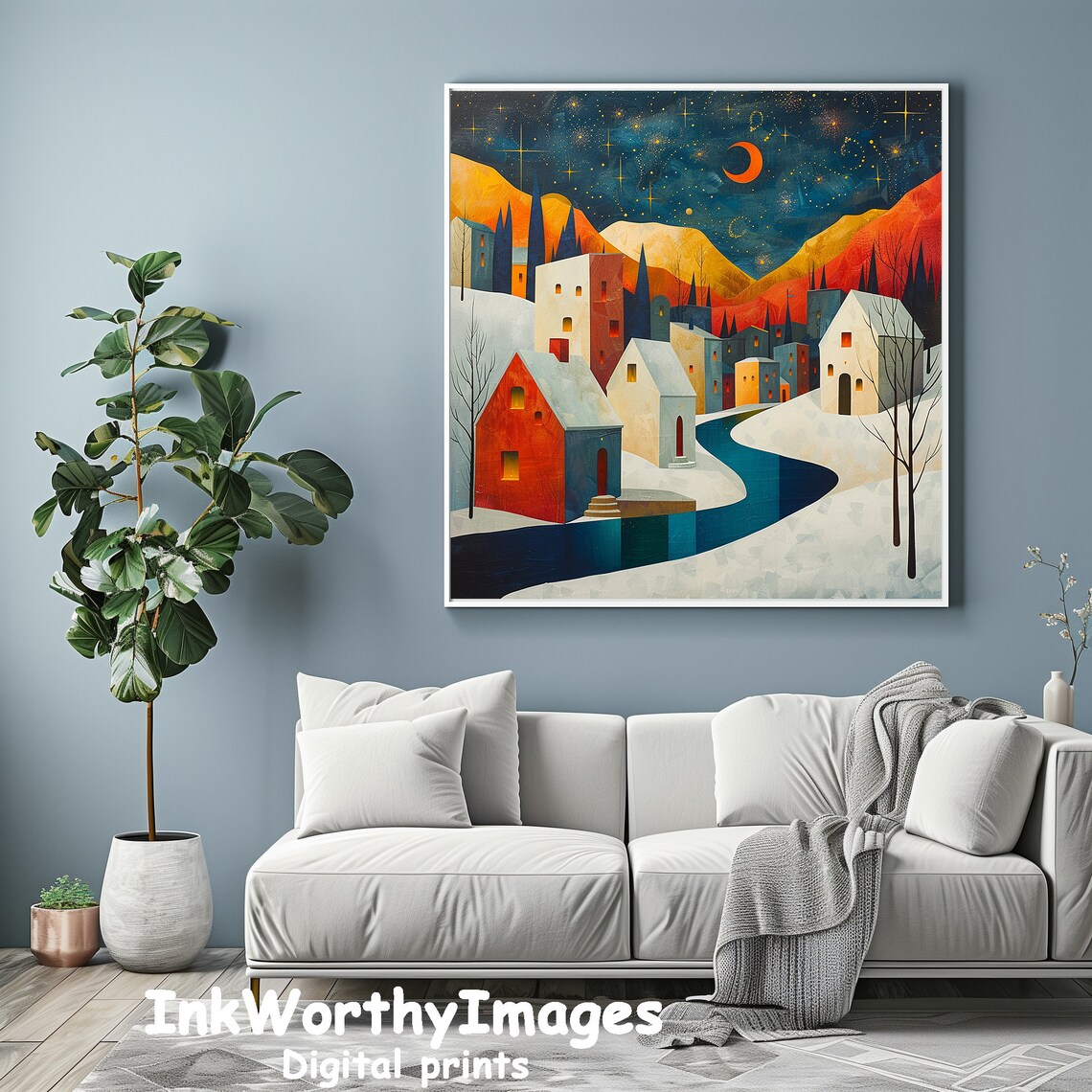 Starry Night Village, Whimsical Winter Townscape Art Print - Image 3