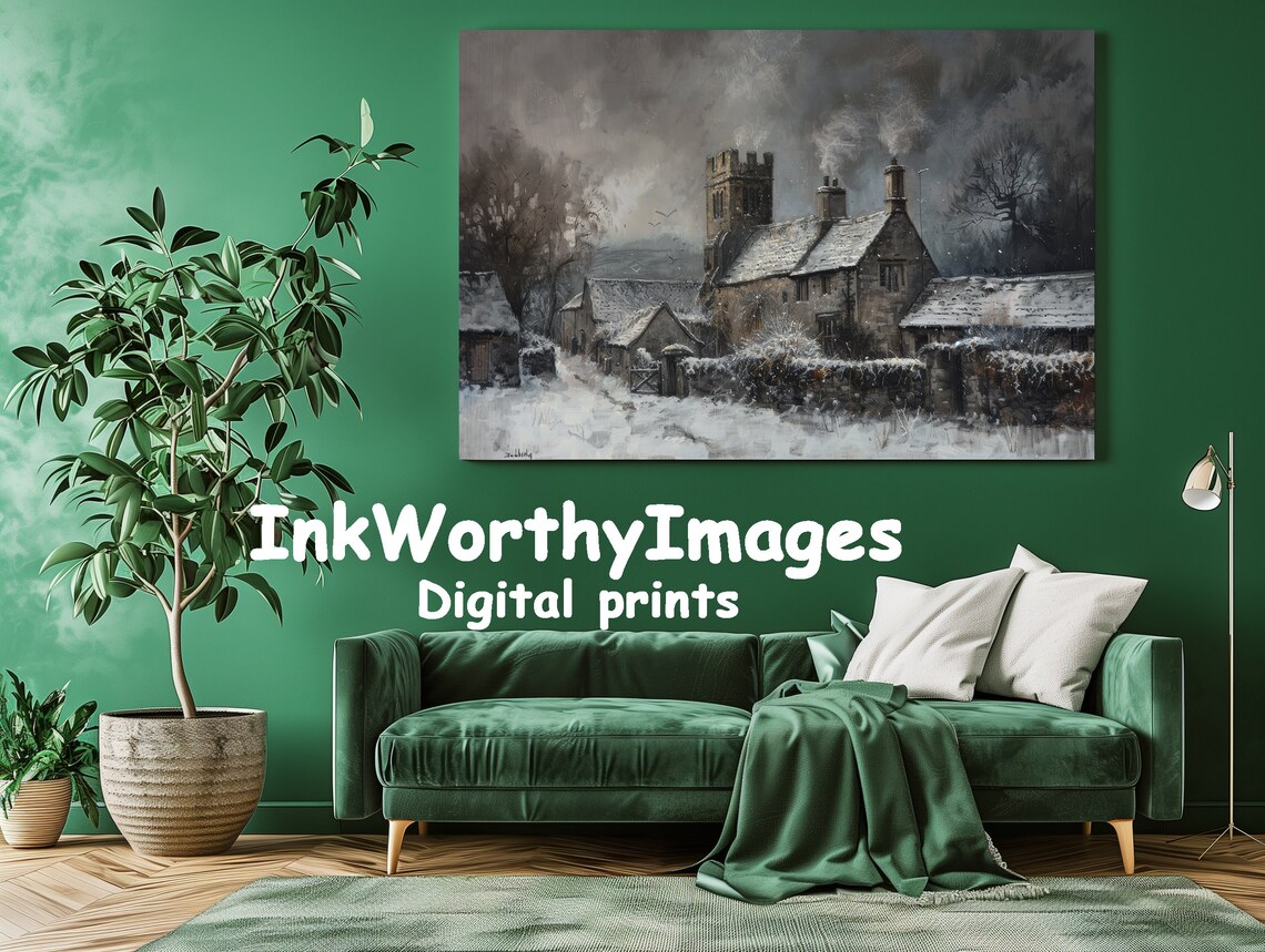 Snowy Village Church Painting, Gothic Winter Scene - Image 2