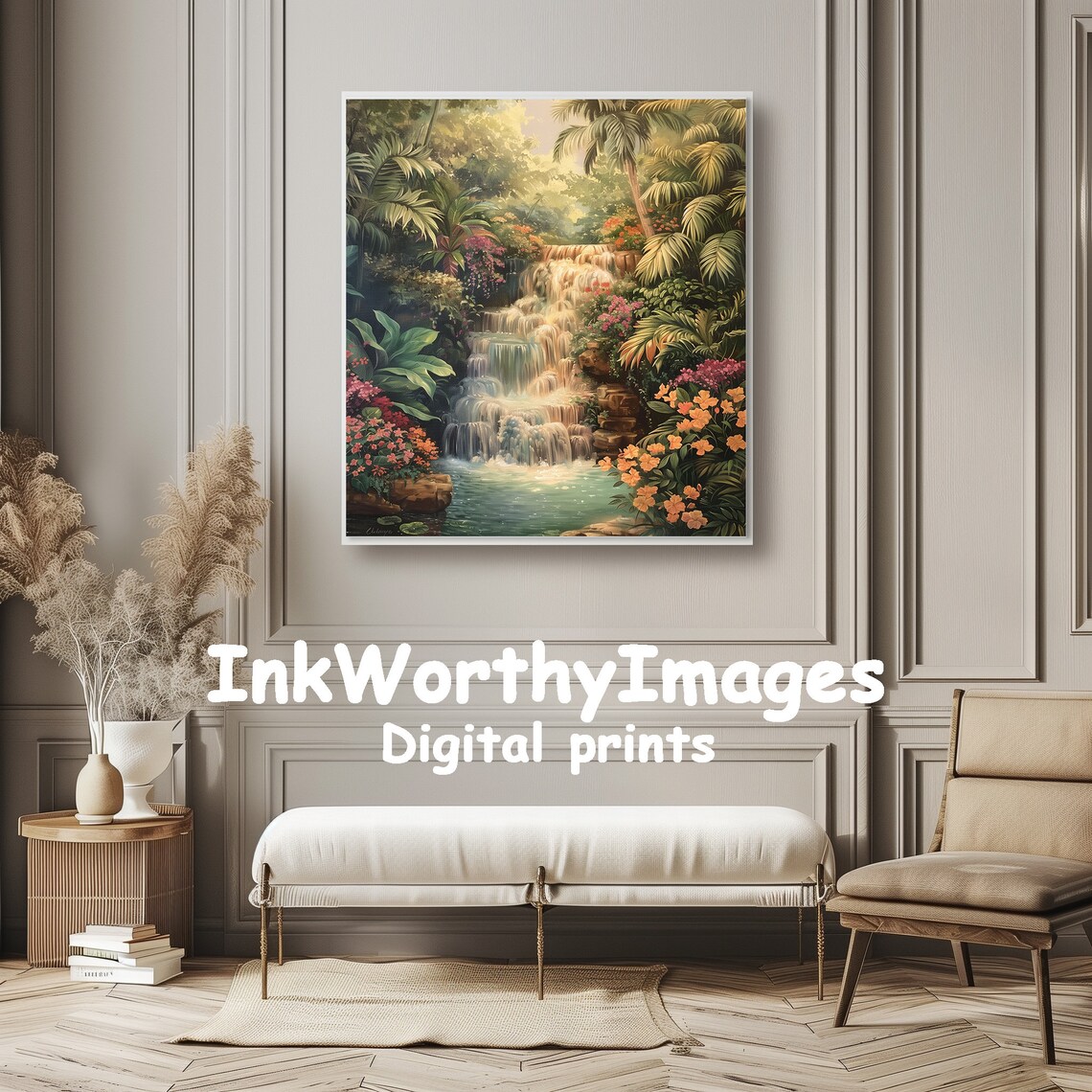 Tropical Waterfall Paradise Painting, Exotic Landscape - Image 6