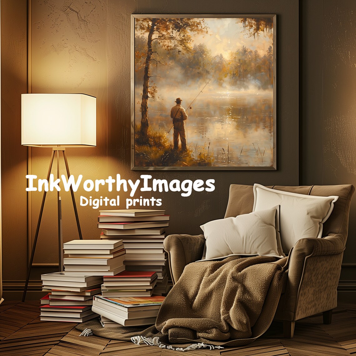 Peaceful Fishing Scene, Serene Lakeside Morning - Image 2