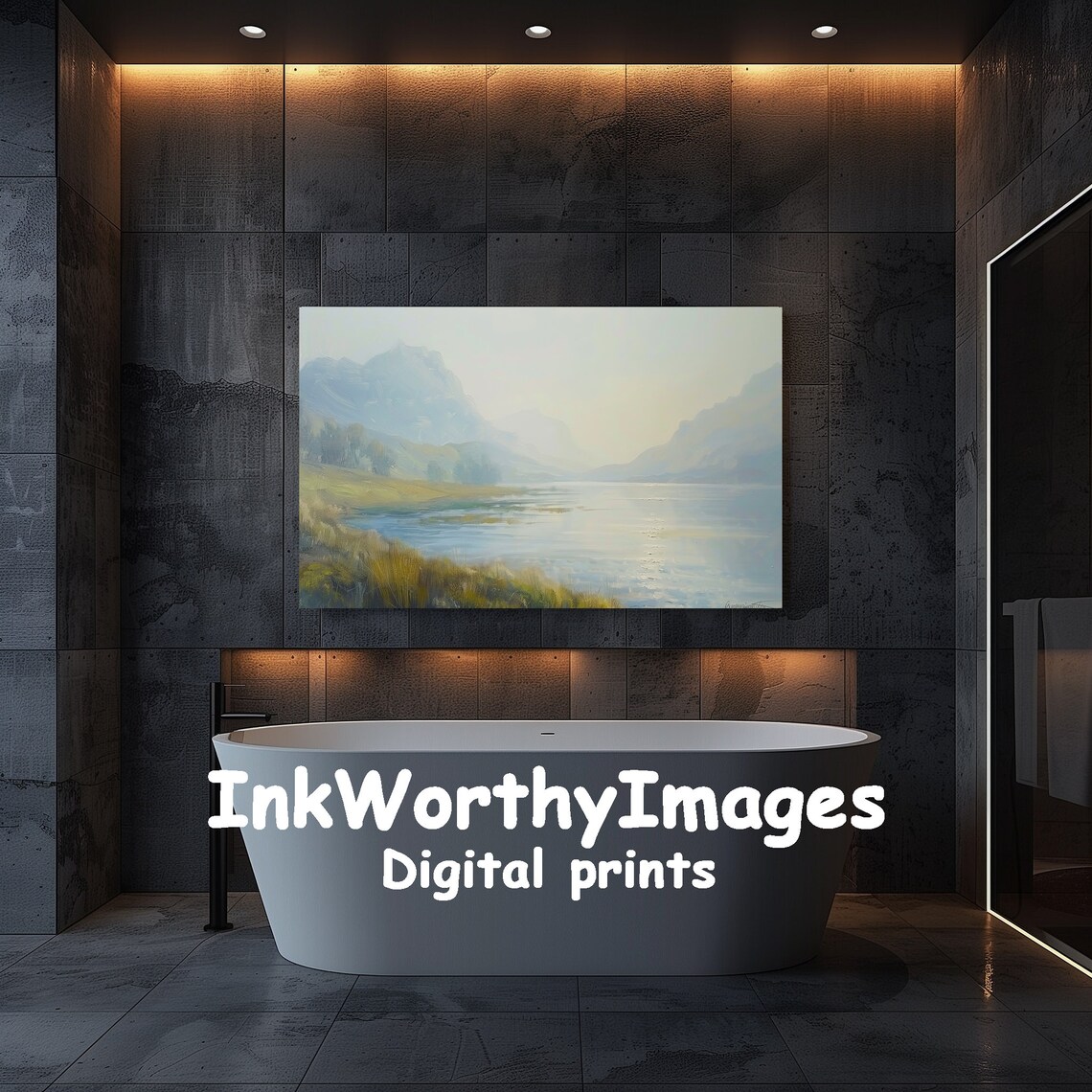 Misty Mountain Lake Tranquil Waterscape Art Print - Image 5