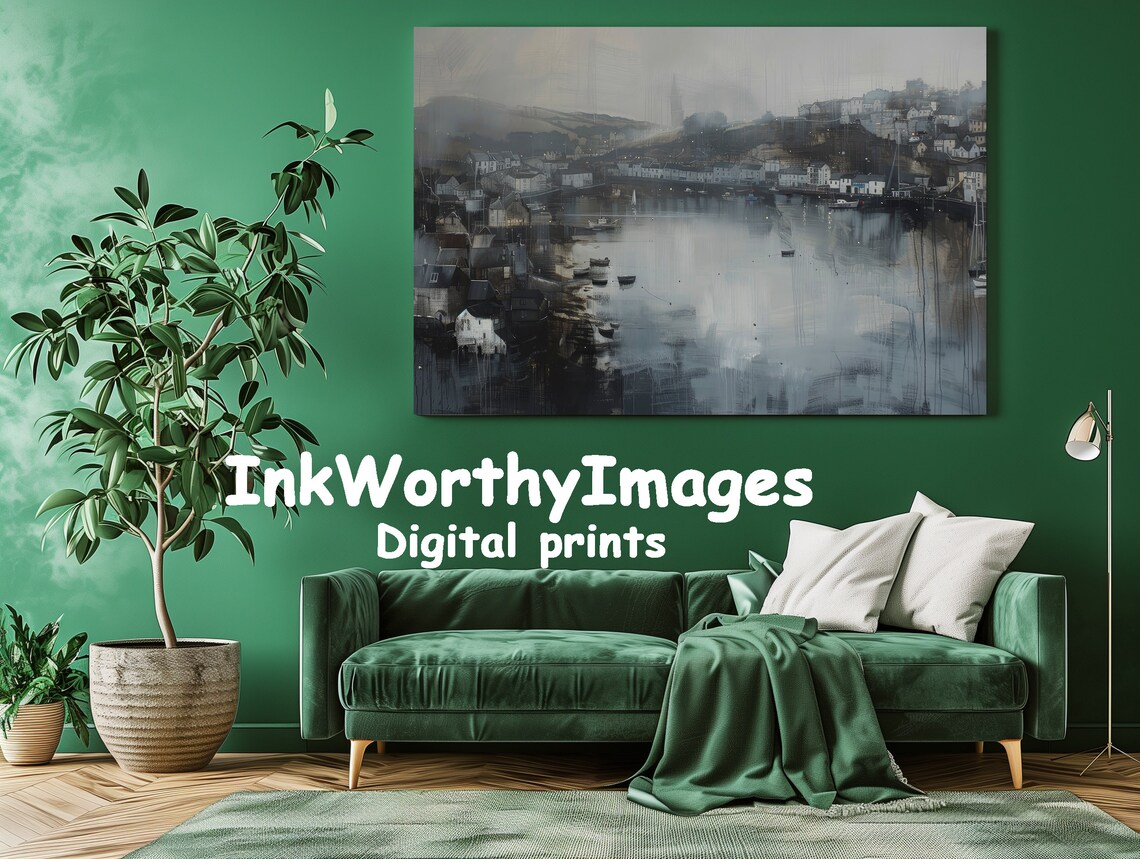 Moody Coastal Village, Foggy Harbor Seascape - Image 3