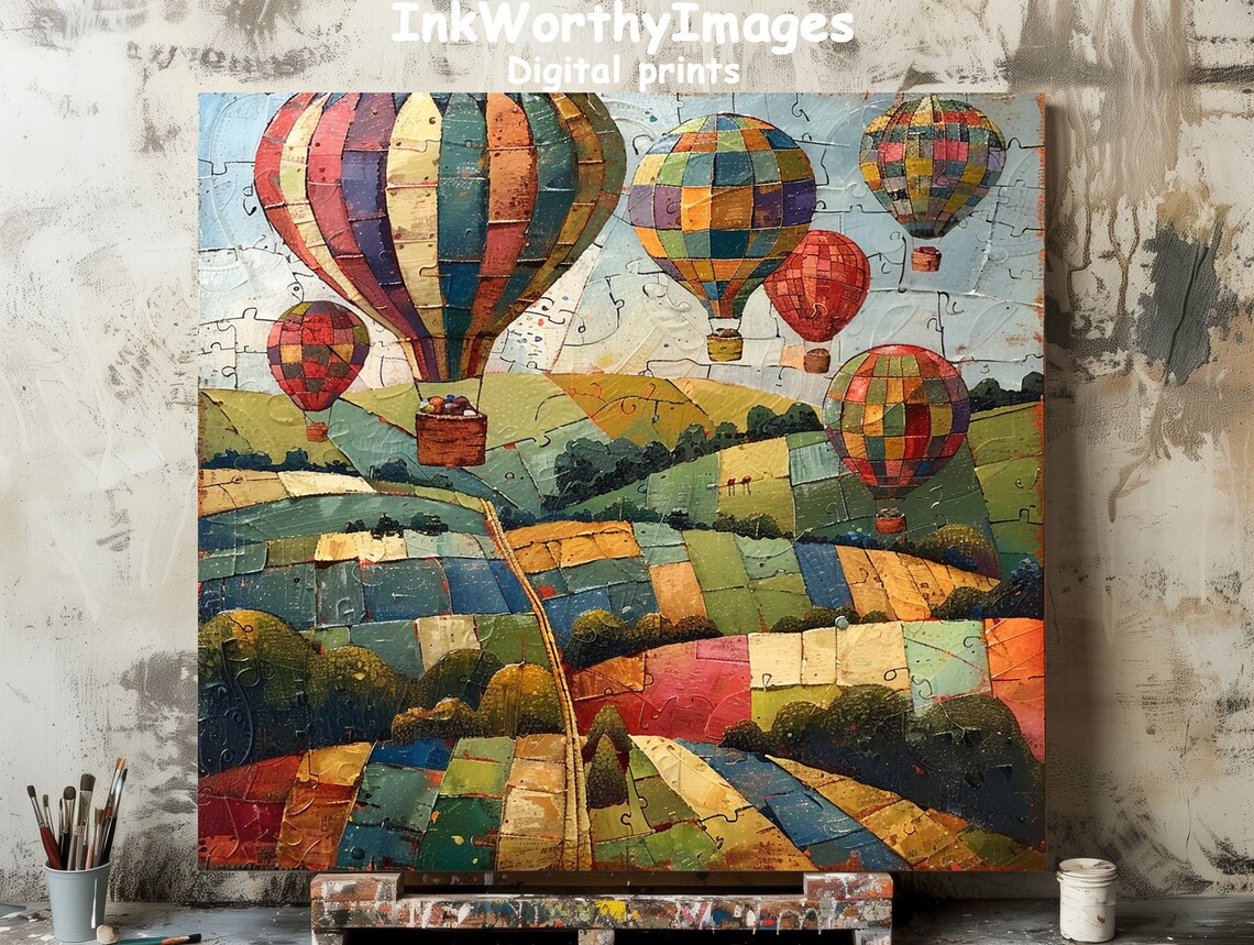 Colorful Hot Air Balloons Art Print, Vibrant Landscape