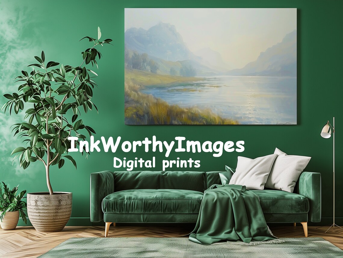 Misty Mountain Lake Tranquil Waterscape Art Print - Image 3