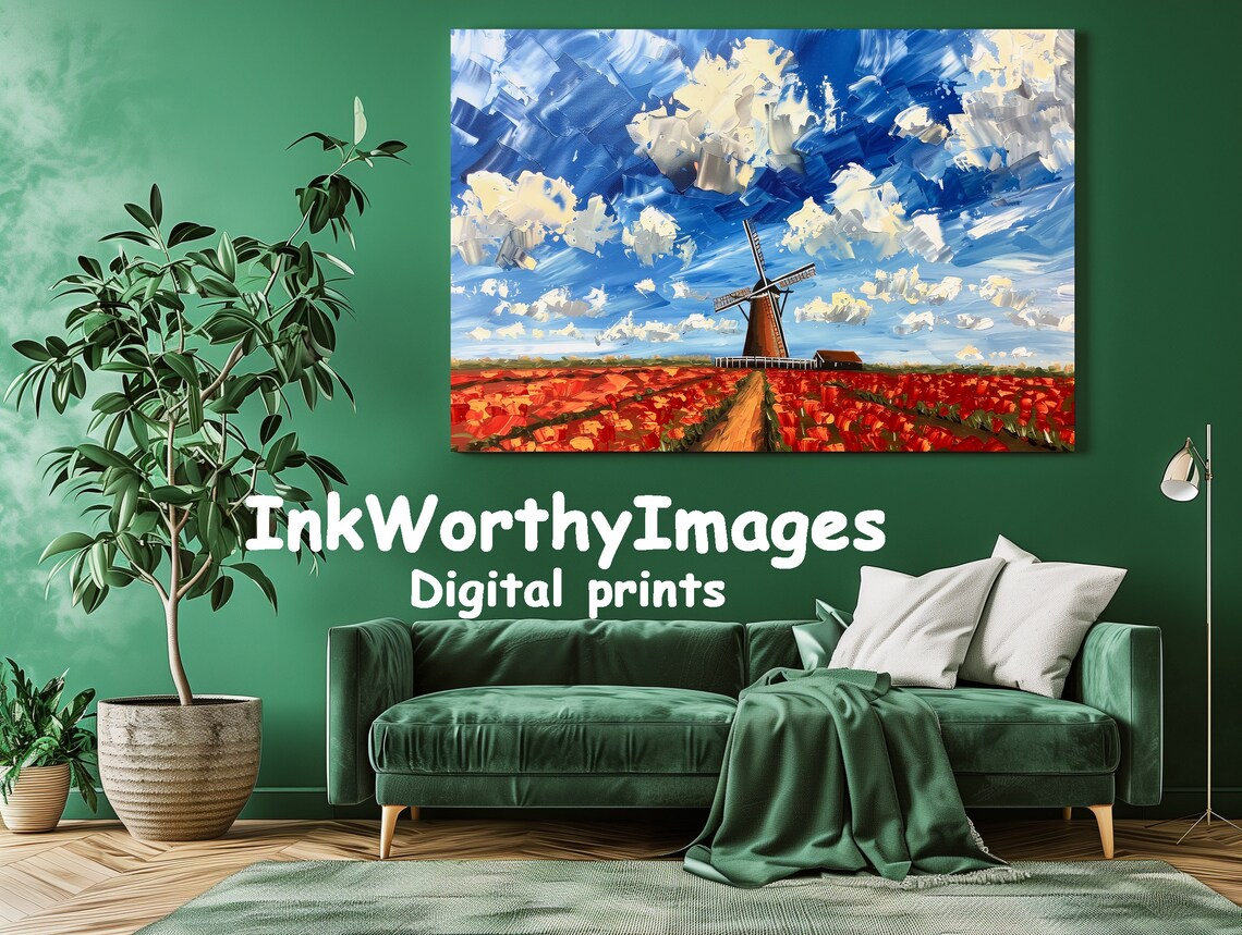 Abstract Tulip Fields and Windmill, Dutch Landscape Art - Image 2