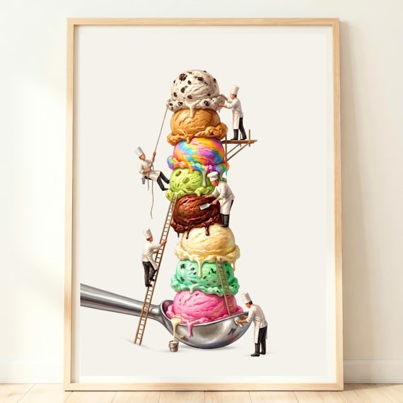 Tiny Chefs Building Giant Ice Cream Tower Whimsical Kitchen Poster