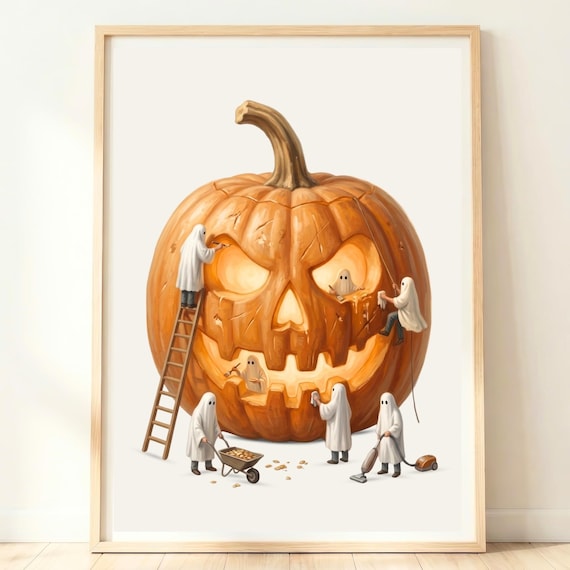 Cute Ghosts Carving a Giant Jack O Lantern Halloween Art Poster