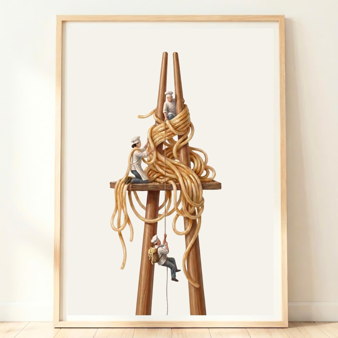 Giant Chopsticks Lifting Noodles Tiny Chefs Whimsical Japan Kitchen Poster