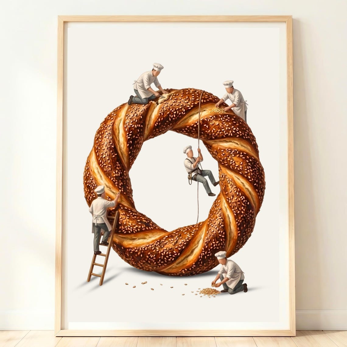 Tiny Chefs Rolling a Giant Sesame Simit Turkish Street Bread Poster